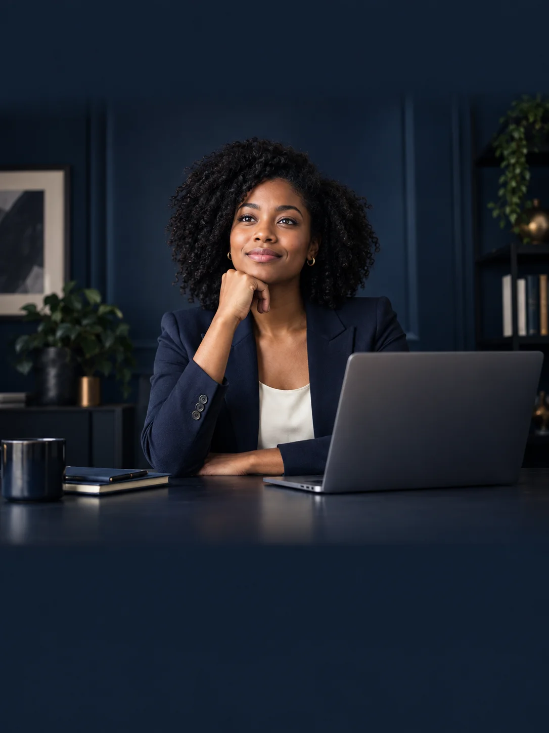 A professional looking ahead beside her laptop